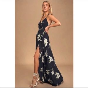 Lulus All Mine Navy Blue Floral Print High-Low Wrap Dress